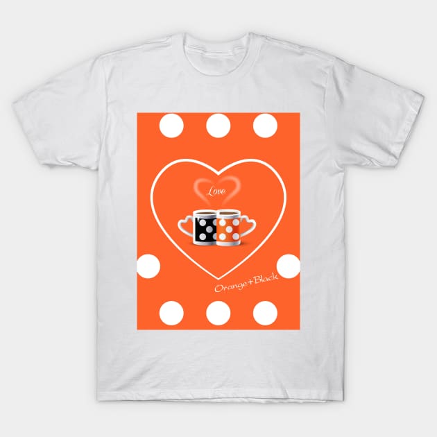 Coffee cups Orange & Black Polka Dots pattern T-Shirt by sofiartmedia